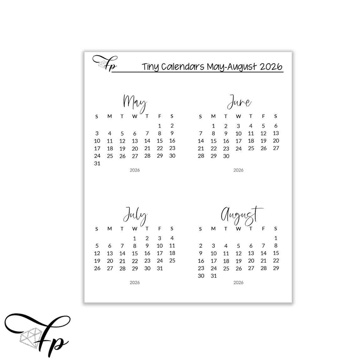 Tiny 2026 Mini Calendars May-August