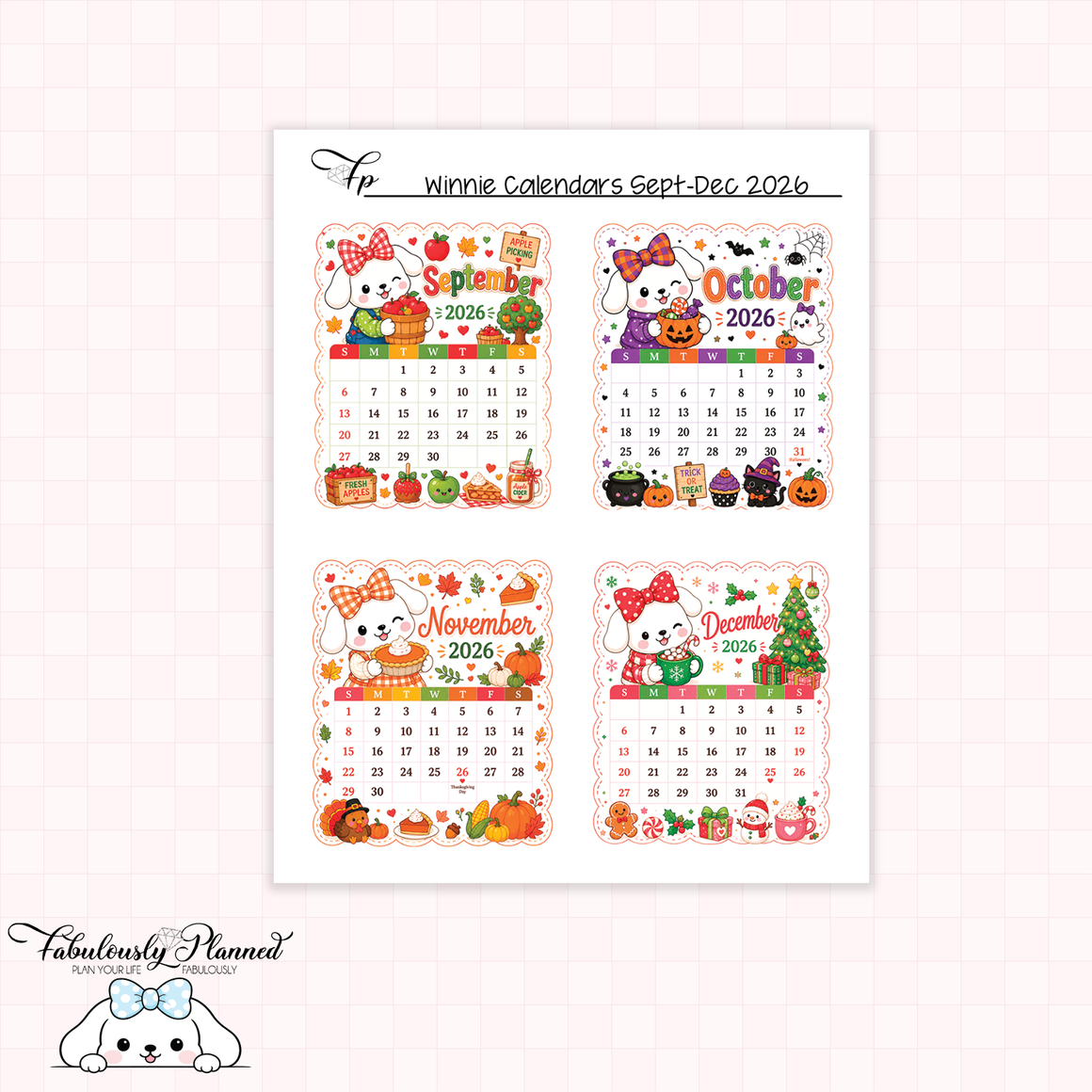 Winnie Calendars Sept - Dec 2026 Planner Stickers
